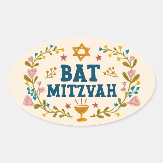 BAT MITZVAH Handgetekende bloemenjoods  Ovale Sticker (Voorkant)