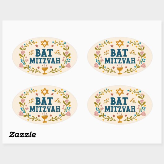 BAT MITZVAH Handgetekende bloemenjoods  Ovale Sticker (Vel)