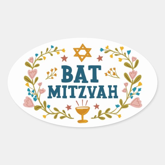 BAT MITZVAH Handgetekende bloemenjoods  Ovale Sticker (Voorkant)