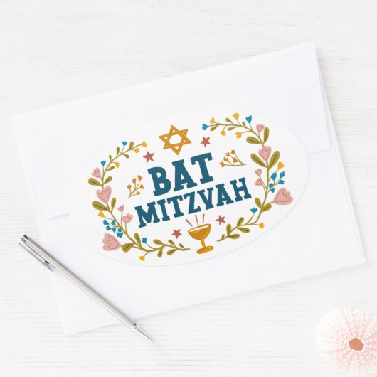 BAT MITZVAH Handgetekende bloemenjoods  Ovale Sticker (Envelop)