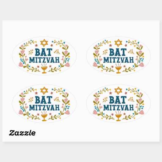 BAT MITZVAH Handgetekende bloemenjoods  Ovale Sticker (Vel)