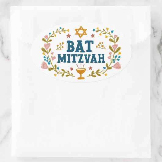 BAT MITZVAH Handgetekende bloemenjoods  Ovale Sticker (Tas)
