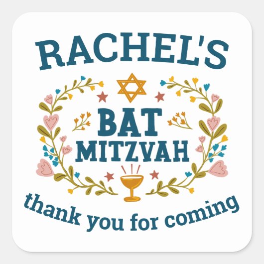 BAT MITZVAH Handgetekende bloemenjoods  Vierkante Sticker (Voorkant)