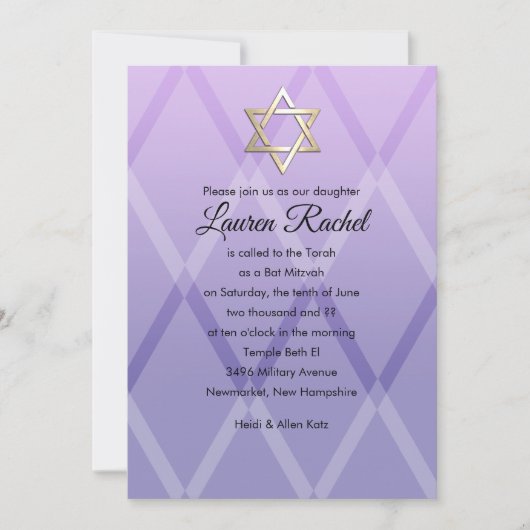 Bat Mitzvah Harlequin Paars Lavender Invitation Kaart (Voorkant)