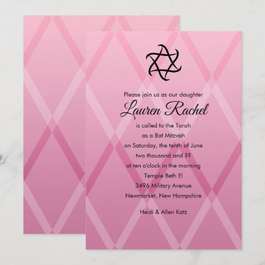 Bat Mitzvah Harlequin Pink Uitnodiging (Voorkant / Achterkant)