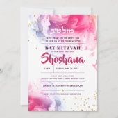 Bat Mitzvah Hebreeuwse Waterverf Glitter Uitnodigi Kaart (Voorkant)