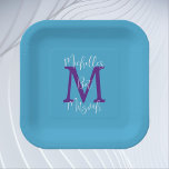 Bat Mitzvah Hemelsblauw Paarse Witte Naam Monogram Papieren Bordje<br><div class="desc">Wat een geweldig,  gepersonaliseerd papieren bord voor een Bat / Bas Mitzvah Party Receptie. Achtergrond is hemelsblauw,  monogram is paarse,  naam is wit. Kies vierkant of rond. Alle rechten voorbehouden © 2024 Alan & Marcia Socolik.</div>