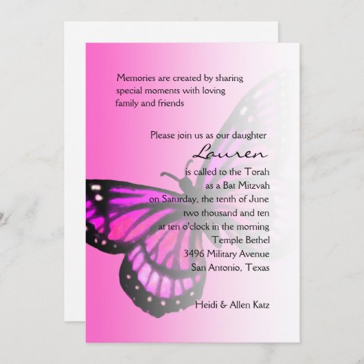 Bat Mitzvah Hot Pink Butterfly Ombre Kaart (Voorkant / Achterkant)