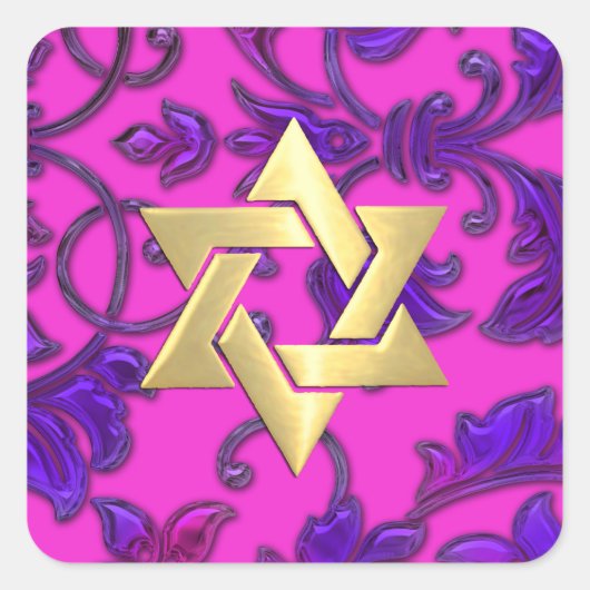 Bat Mitzvah Hot Pink en Paarse Damask Vierkante Sticker (Voorkant)