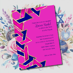 Bat Mitzvah Hot Pink Navy Blue Star Kaart