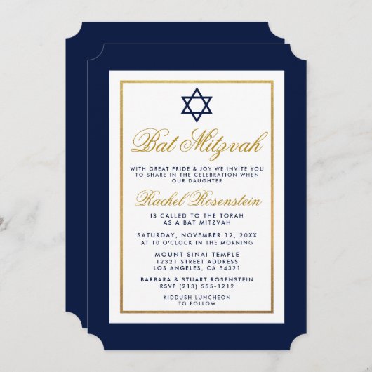 Bat Mitzvah Invitation Blue en Gold Kaart (Voorkant / Achterkant)