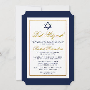 Bat Mitzvah Invitation Blue en Gold Kaart