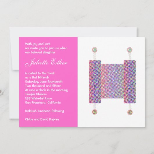 Bat Mitzvah Invitation Festive Torah Scroll Pink Kaart (Voorkant)