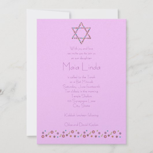 Bat Mitzvah Invitation Flower Star van David Pink Kaart (Voorkant)
