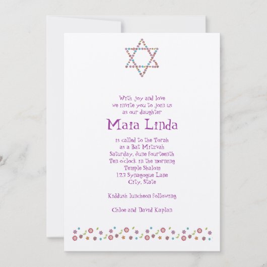 Bat Mitzvah Invitation Flower Star van David Tan Kaart (Voorkant)