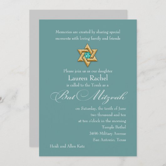 Bat Mitzvah Invitation Gold Star van David Kaart (Voorkant / Achterkant)