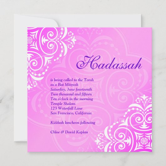 Bat Mitzvah Invitation Hadassah Floral Pink Paars Kaart (Voorkant)