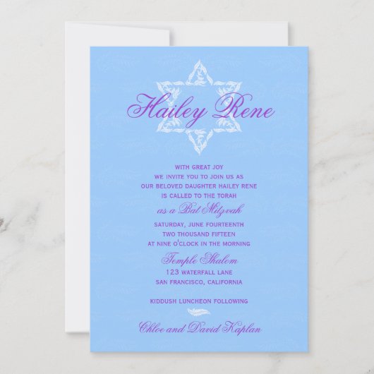 Bat Mitzvah Invitation Hailey met Damask Blue Kaart (Voorkant)
