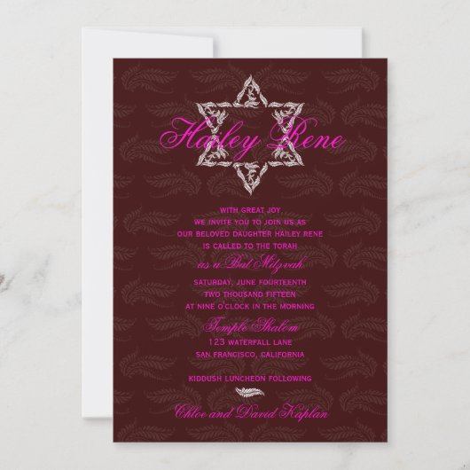 Bat Mitzvah Invitation Hailey met Damask Maroon Kaart (Voorkant)