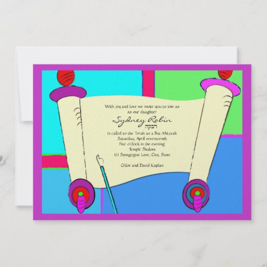 Bat Mitzvah Invitation Hebrew Torah Pink Paars Kaart (Voorkant)