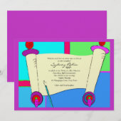 Bat Mitzvah Invitation Hebrew Torah Pink Paars Kaart (Voorkant / Achterkant)