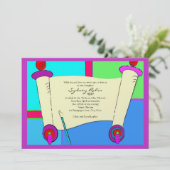 Bat Mitzvah Invitation Hebrew Torah Pink Paars Kaart (Staand voorkant)