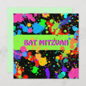 Bat Mitzvah Invitation, Neon Paint Splatter Kaart (Voorkant / Achterkant)