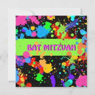 Bat Mitzvah Invitation, Neon Paint Splatter Kaart