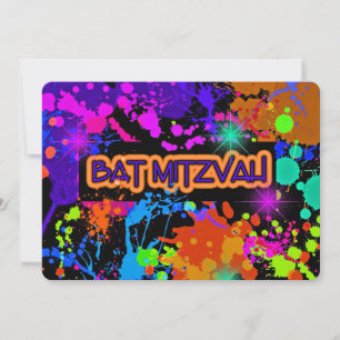 Bat Mitzvah Invitation, Neon Paint Splatter Kaart