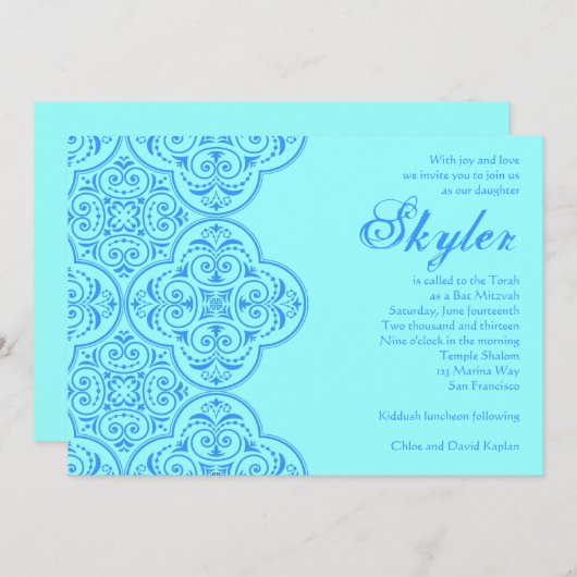 Bat Mitzvah Invitation Skyler Blue Kaart (Voorkant / Achterkant)