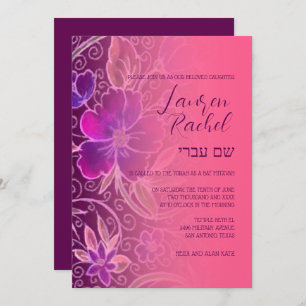 Bat Mitzvah Invitation Sweet Floral Roze Paarse Kaart