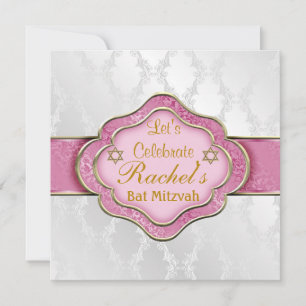 Bat Mitzvah INVITATIONS PINK WHITE ELEGANT Damask Kaart