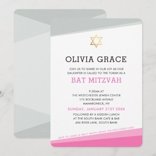 BAT MITZVAH INVITE eenvoudige moderne hoeken roze Kaart (Voorkant / Achterkant)