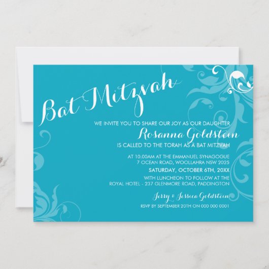 BAT MITZVAH INVITE elegante bloeiende turquoise aq Kaart (Voorkant)