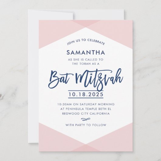 BAT MITZVAH INVITE hand geletterde marine bord roz Kaart (Voorkant)