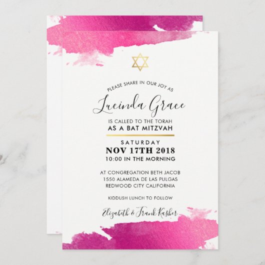 BAT MITZVAH INVITE modern verguld goud roze zwart Kaart (Voorkant / Achterkant)
