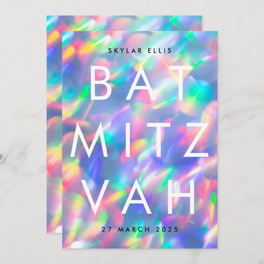 BAT MITZVAH Iridescent Ultra Modern QR CODE RSVP Kaart (Voorkant / Achterkant)