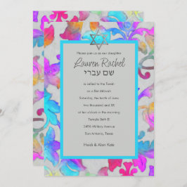 Bat Mitzvah Kleurrijke Geschilderde Damast Roze Tu Kaart