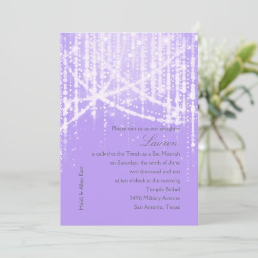 Bat Mitzvah Lavender Paarse Sparkly Lights Kaart (Staand voorkant)