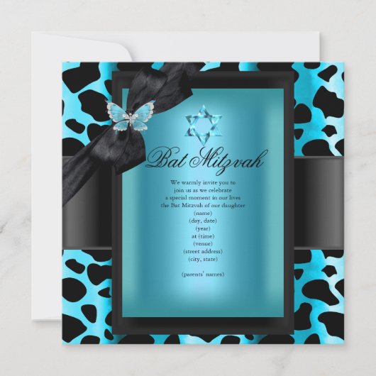 Bat Mitzvah Leopard Blauwgroen Blue Butterfly Kaart (Voorkant)