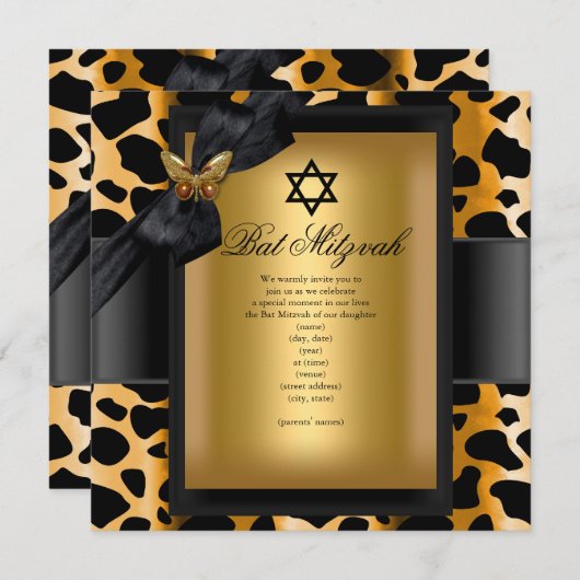 Bat Mitzvah Leopard Gold Black Butterfly Kaart (Voorkant / Achterkant)