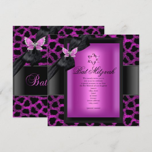 Bat Mitzvah Leopard Pink Butterfly Kaart (Voorkant / Achterkant)