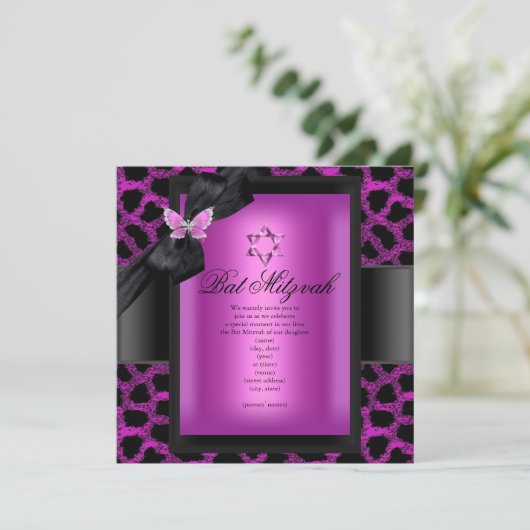 Bat Mitzvah Leopard Pink Butterfly Kaart (Staand voorkant)