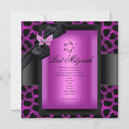 Bat Mitzvah Leopard Pink Butterfly Kaart (Voorkant)