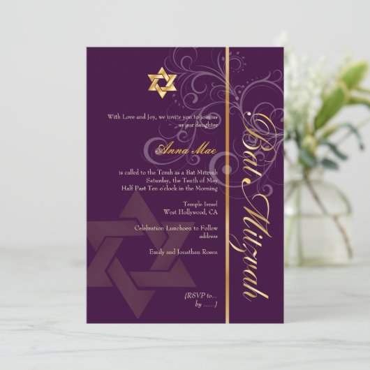 Bat Mitzvah/lila/plum/goud/dij achtergrondkleur Kaart (Staand voorkant)