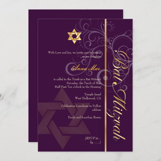 Bat Mitzvah/lila/plum/goud/dij achtergrondkleur Kaart (Voorkant / Achterkant)