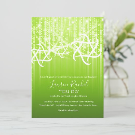 Bat Mitzvah Limoen Grass Green Sparkly Lights Kaart (Staand voorkant)