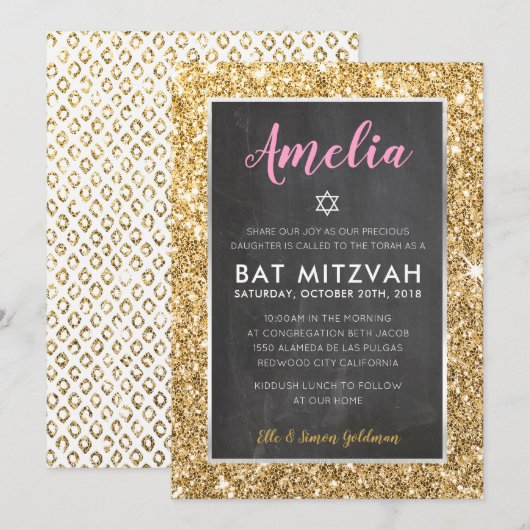 BAT MITZVAH luxe tween roze goud glitter invite Kaart (Voorkant / Achterkant)