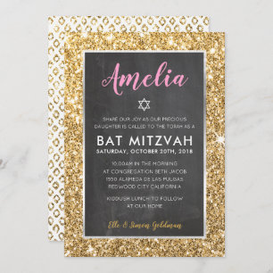 BAT MITZVAH luxe tween roze goud glitter invite Kaart