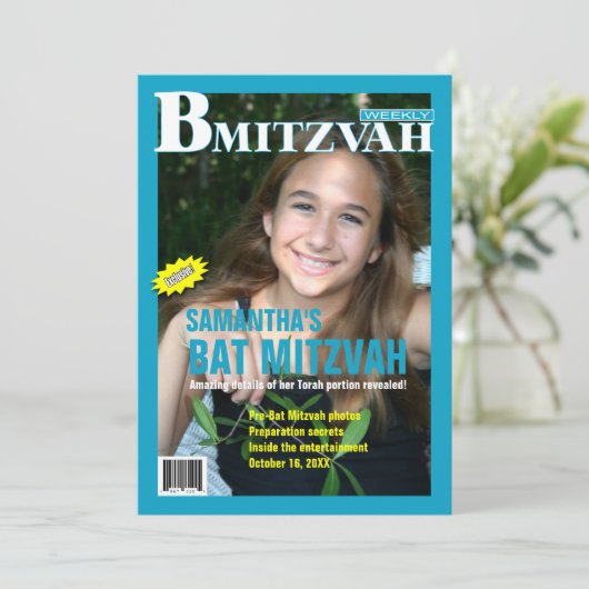 Bat Mitzvah Magazine - Blauwgroen uitnodiging (Staand voorkant)
